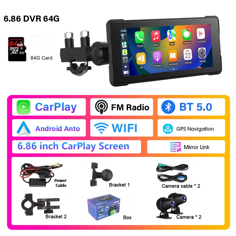 

Srnubi 6,86-дюймовый портативный мотоциклетный видеорегистратор IPX7 водонепроницаемый монитор беспроводной Apple Carplay Android Auto ЖК-дисплей GPS-навигация