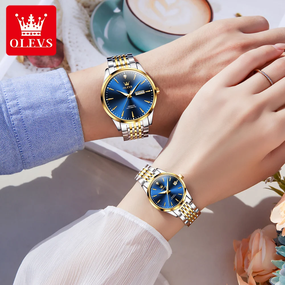 OLEVS New Simple Couple Mechanical Watch Waterproof Stainless Steel Strap Week Calendar Luminous Fashion Casual Automatic Watch
