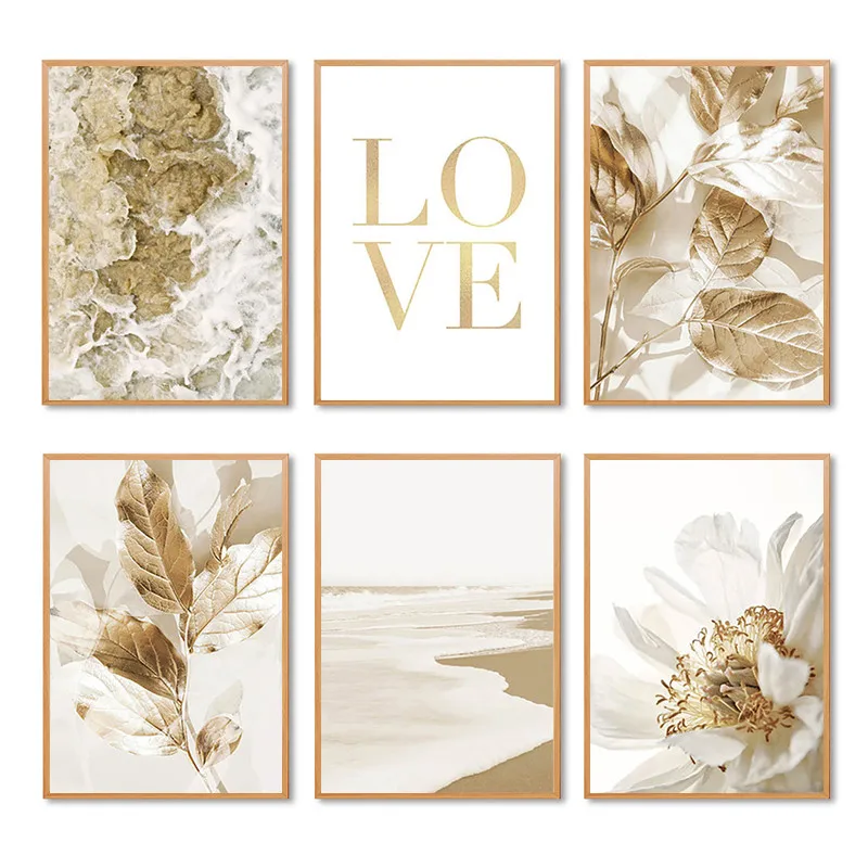

Golden Flower Leaf Canvas Painting Nordic Wall Art Picture Beach Scenery Home Decor Poster and Print for Living Room Decoration
