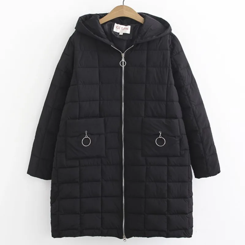 5XL Winter Plus Size Parka Women Clothing Loose Fit Long Padded Jacket Hooded Block Geometric Pocket Thick Down Cotton Warm Coat