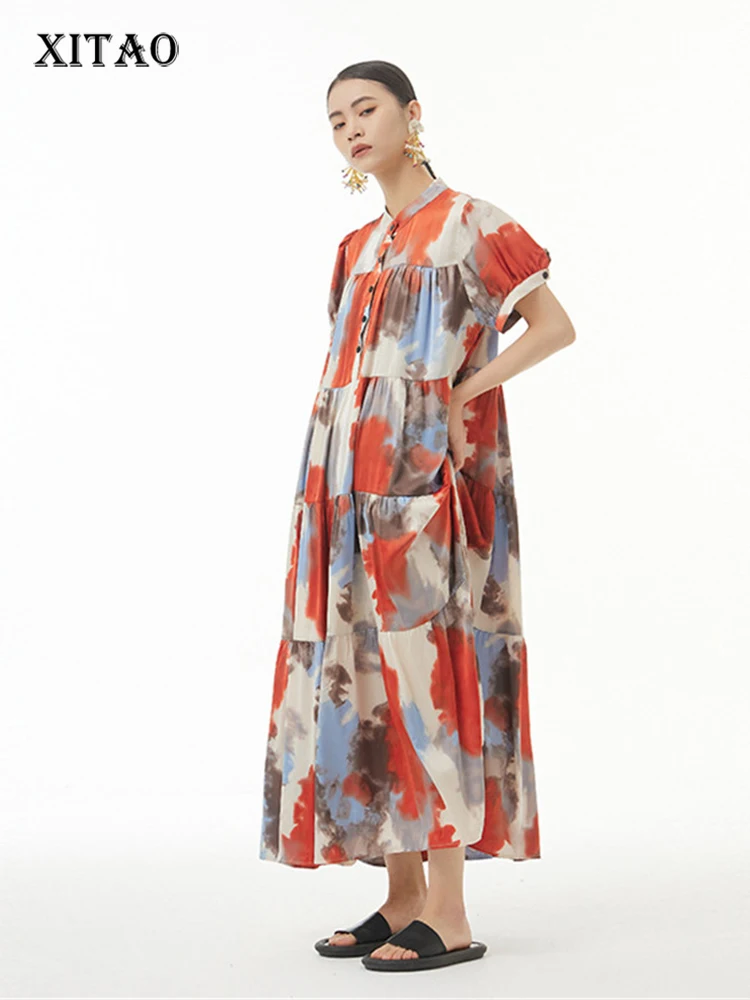 

XITAO Print Pattern Dress High Waist Goddess Fan Casual Style 2022 Summer Minority Pullover Hem Elegant Loose Dress WMD6097