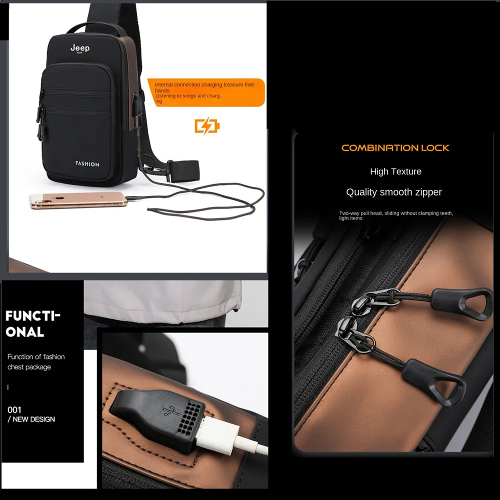 JEEP BULUO Brand High Quality Men USB Crossbody Shoulder Bags Chest Sling Safety Lock Male Anti-theft Fashion Travel Pack