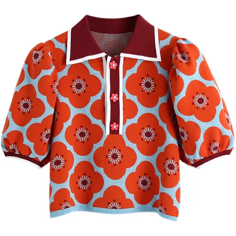 

NEW 2023 Summer Knit Short Sleeve Women Thin Pullovers Turn Down Color Women Sweater Flower Fashion Cropped Top