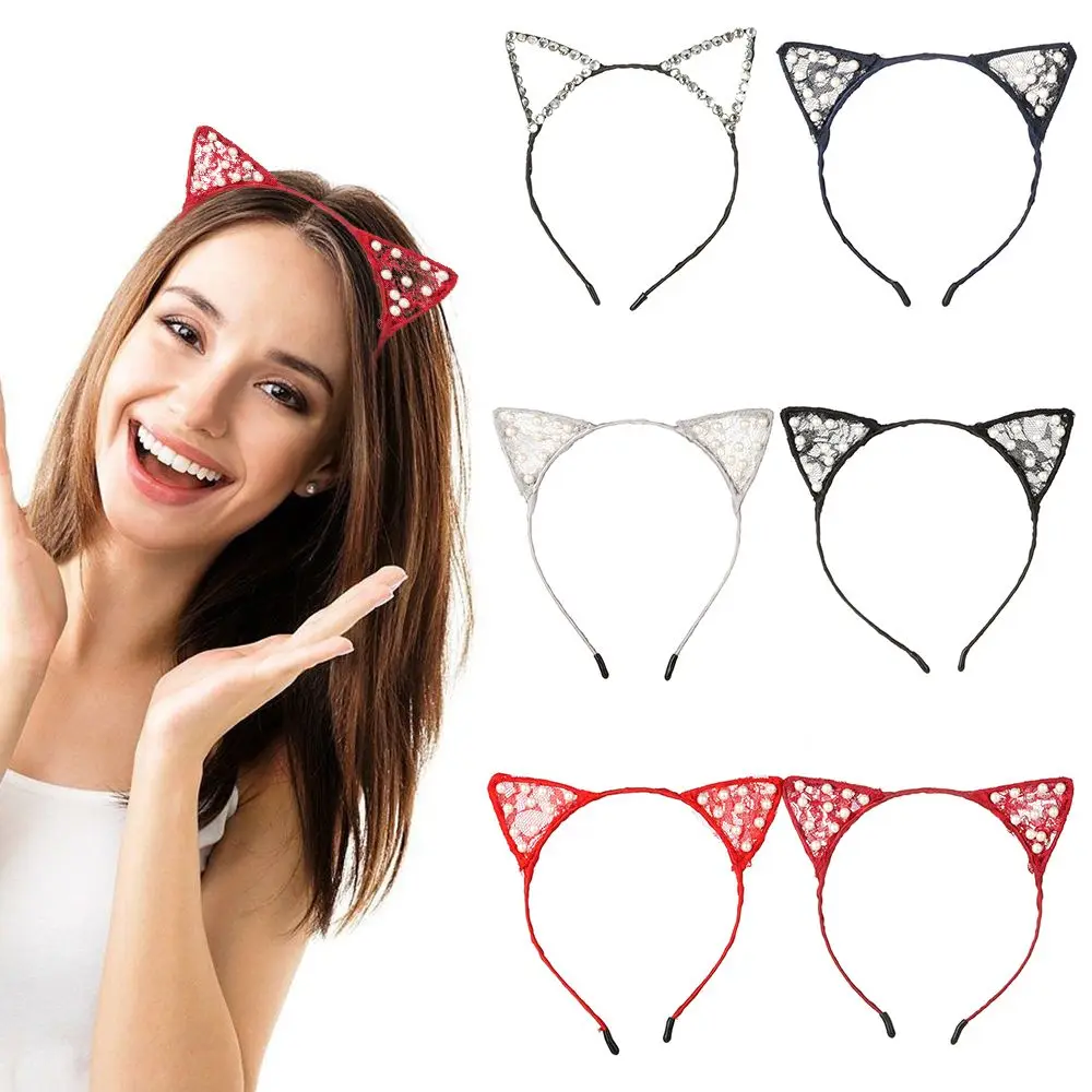 

Women Sweet Lovely Styling Tools Hair Hoop Bands Cat Ear Head Band Rhinestone HairClip Pearl Hairbands Hair Accessories