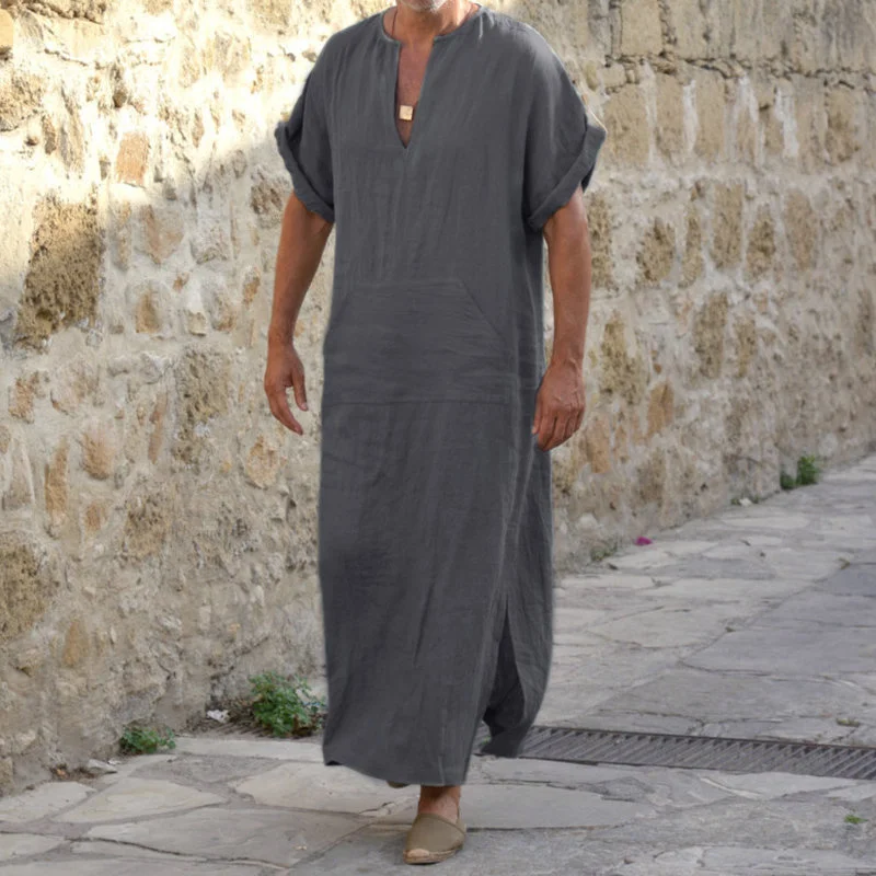 

Kaftan Jubba Arabic Thobe Islamic Men Linen Cotton Solid Short Sleeve Hooded Robes Dubai Middle East Muslim Clothes Abaya Homme