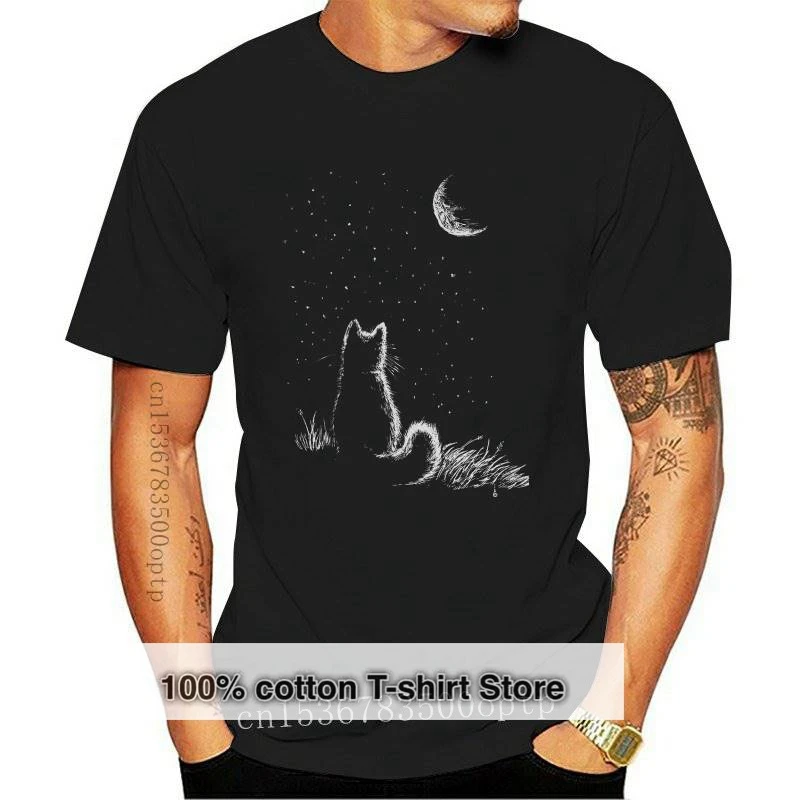 

Футболка мужская с длинным рукавом, круглым вырезом и принтом кота и Луны