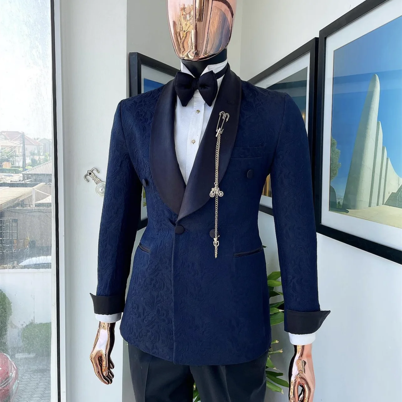 2022 Costume Homme Shawl Lapel Navy Blue Jacquard Blazer Double Breasted Party Groom Wear Men Wedding Suits For Men Prom Tuxedo
