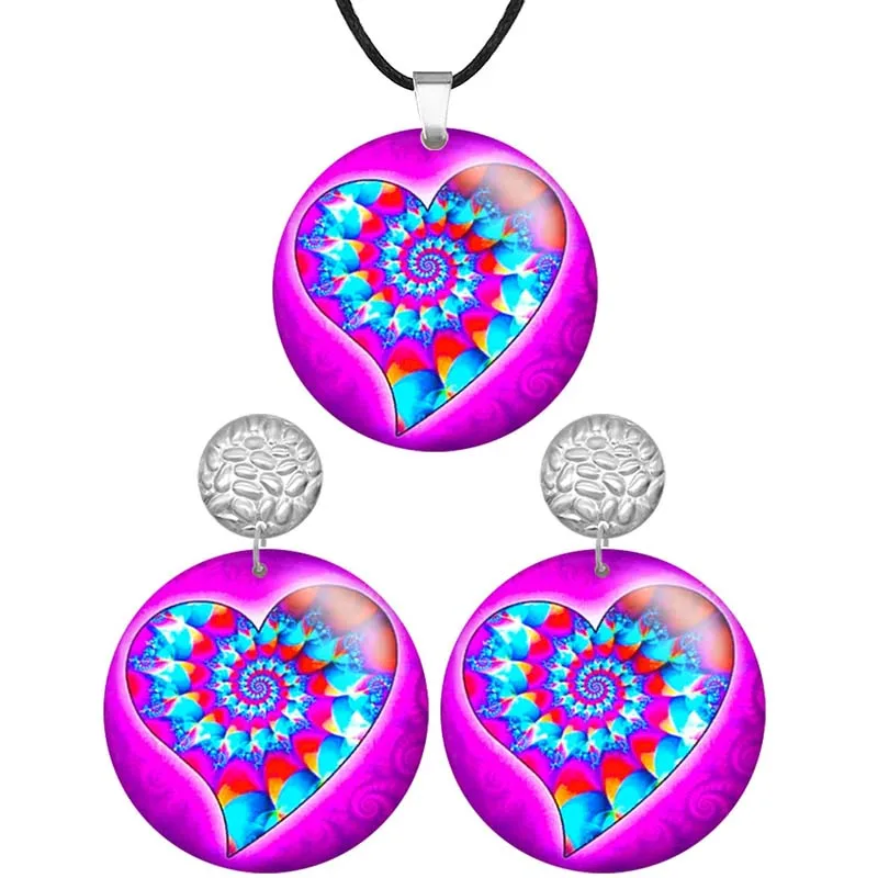 

Colorful Heart Image Round Wooden Pendant Necklaces & Earrings For Women Stainless steel Piercing Jewelry Sets S8810