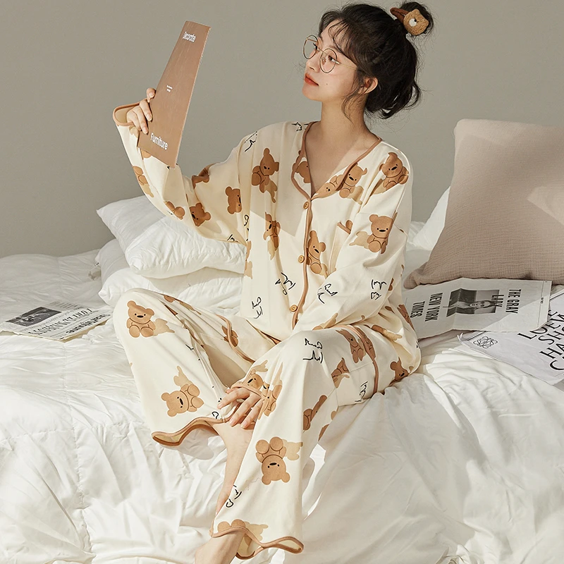 CAIYIER Flower Girls Nightwear Korean Sweet Soft Women Pajamas Set Winter V Neck Cardigan Cute Nightwear Suit Warm Loungewear