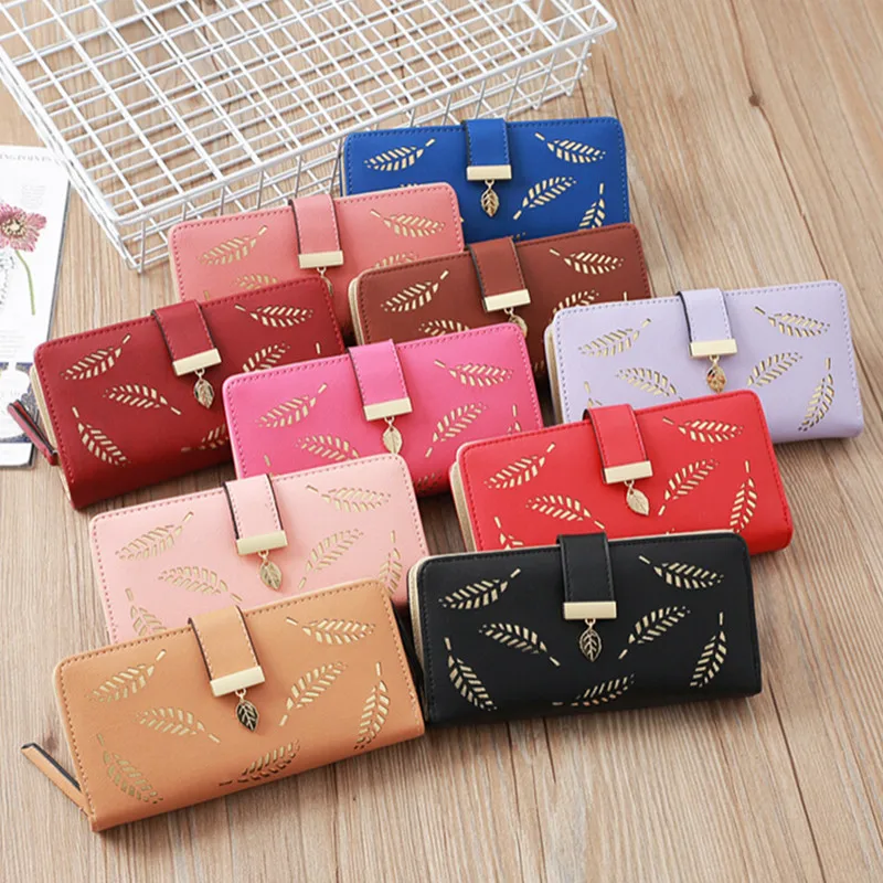 

Luxury Brand Leather Wallets Women Long Zipper Coin Purses Hollow Leaves Design Clutch Wallet Female Money Credit Card Holder