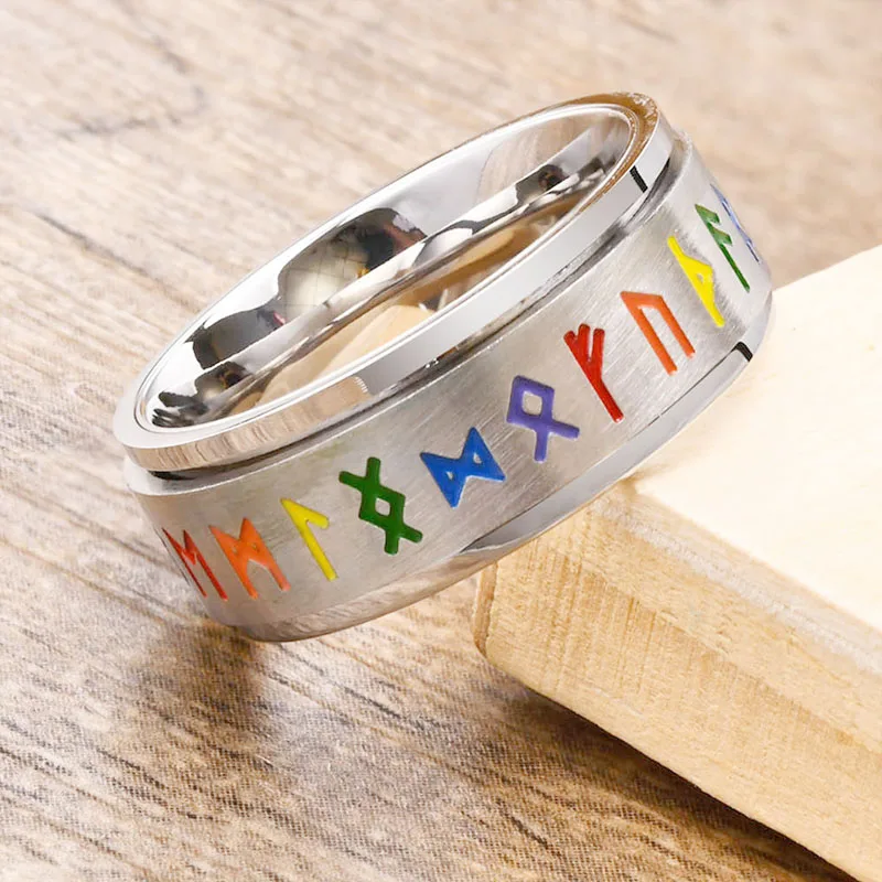 

Spinner LGBT Pride Rings for Women Men Norse Viking Runes Stainless Steel Rotatable Band Rings Rainbow Color Fidget Band Ring