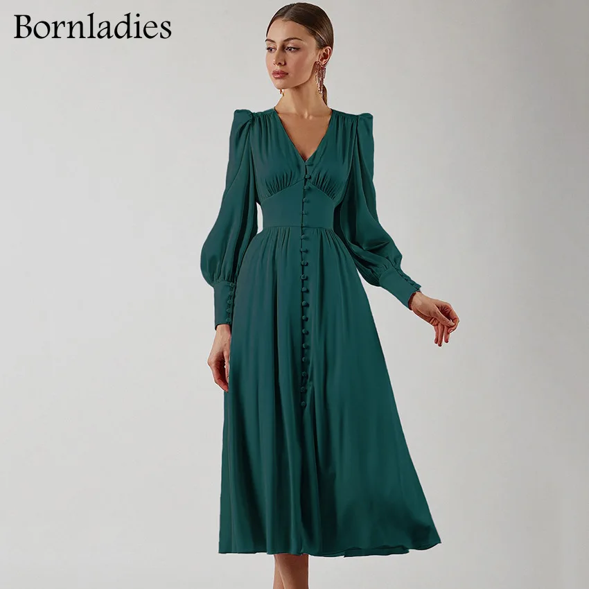 Женское атласное платье-миди с пышными рукавами и V-образным вырезом | Женская