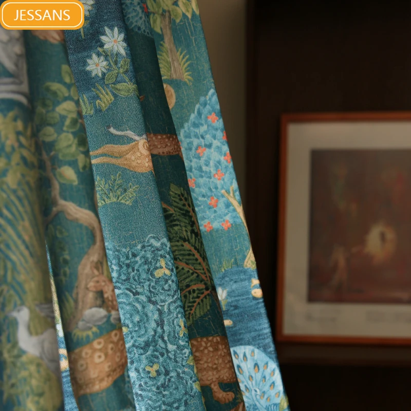 

New Retro Green Printing Curtains for Living Room Bedroom Bay Window French Window Balcony Customized Products