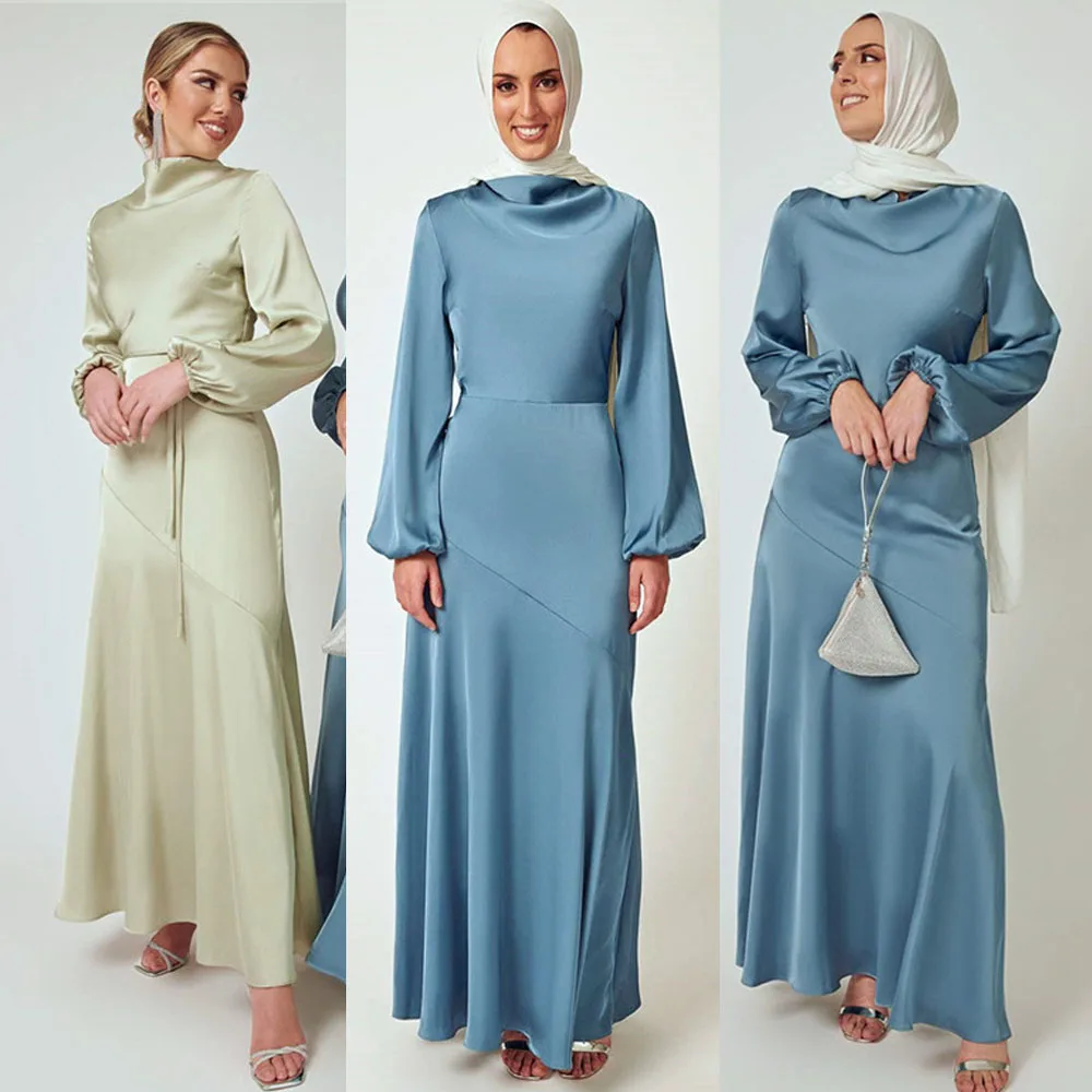Длинное атласное платье для мусульманских женщин, элегантное вечернее платье, женское однотонное платье для исламских вечевечерние, цзилб...