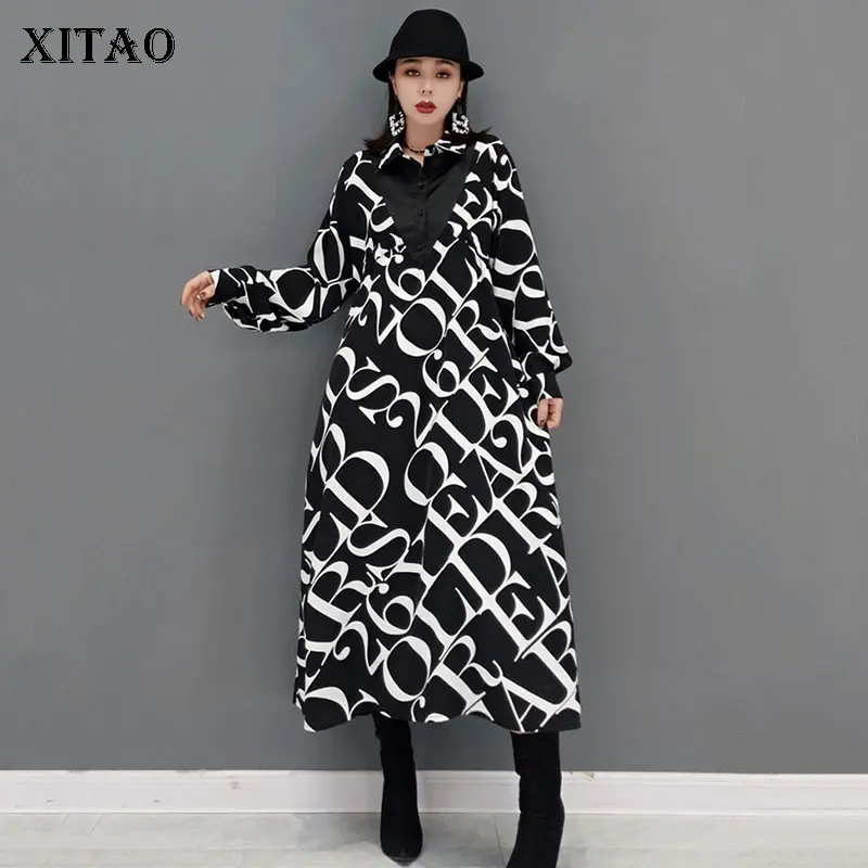 

Платья с принтом XITAO, Модные Повседневные платья с отложным воротником и длинным рукавом, простые, темпераментные, длинные, свободные, новые ...