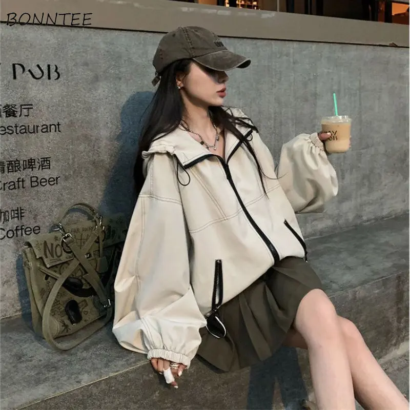 

Hooded Jackets Women Baggy Spring Chic Vintage BF Ulzzang Students Streetwear Leisure All-match Overcoats Aesthetic Harajuku Y2k