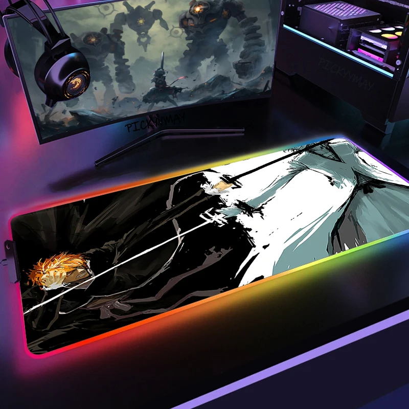 

Large RGB Mouse Pad Bleach XXL Mousepad LED Mouse Mat Anime Table Pads Keyboard Mats Ichigo Kurosaki Deskpad With Backlit