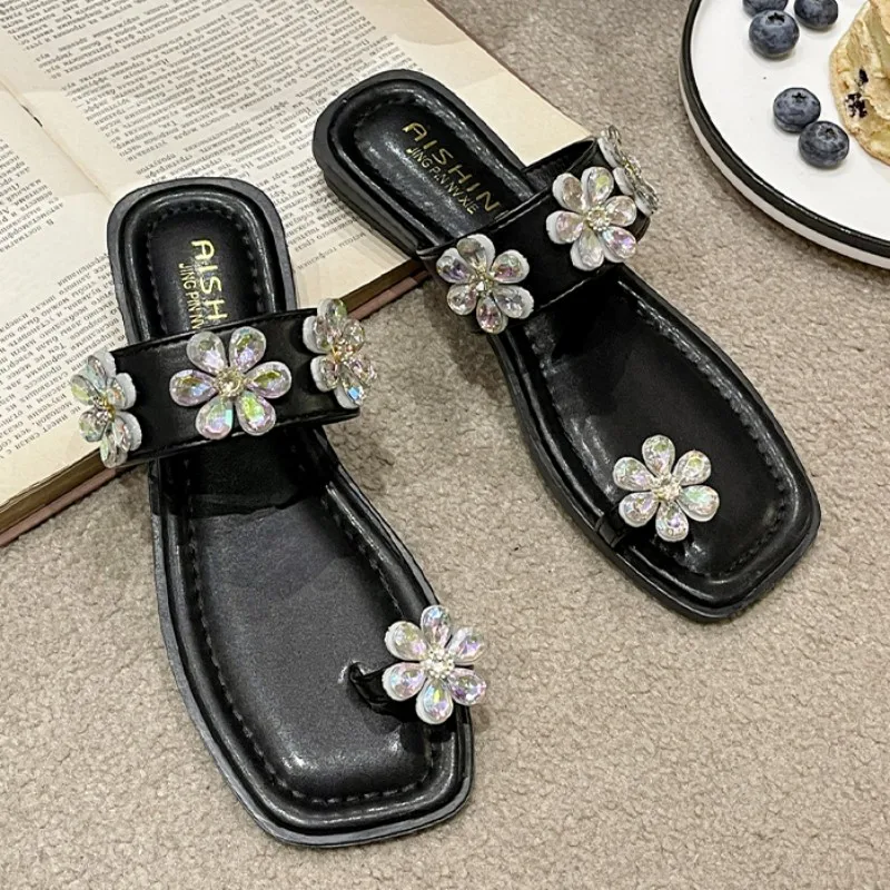 

Женские шлепанцы на плоской подошве, шлепанцы с застежкой-пряжкой и кристаллами, дизайнерские сандалии, лето 2023