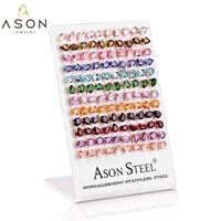 asonsteel wholesale 60 pairslot colorful oval stone stud earrings stainless steel fashion earring jewelry