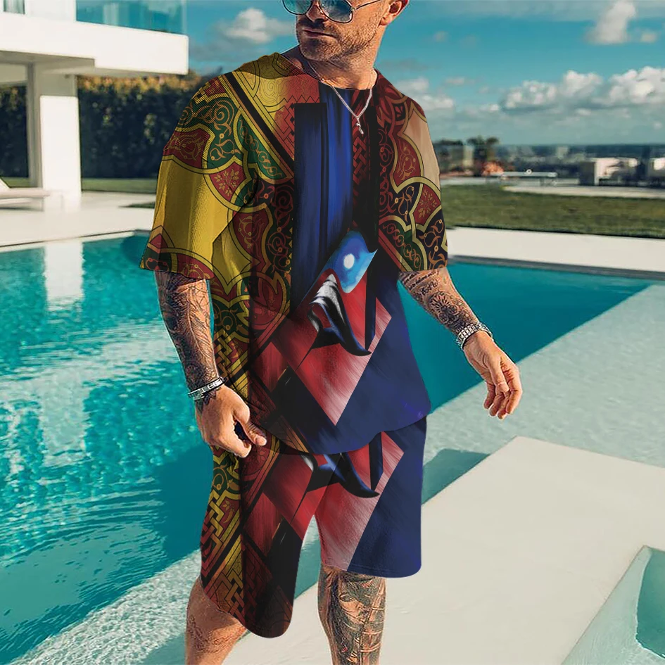

Summer 3d creative fashion printing men's youth slim sports round neck bottoming T-shirt shorts suit