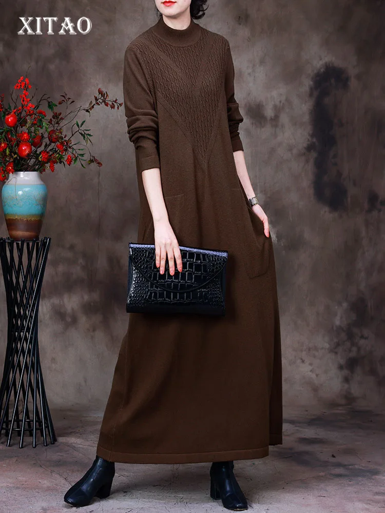 

XITAO Solid Color Patchwork Pocket Knitting Dress Pullover Half High Collar 2022 Winter New Casual Fashion All Match SMH1044