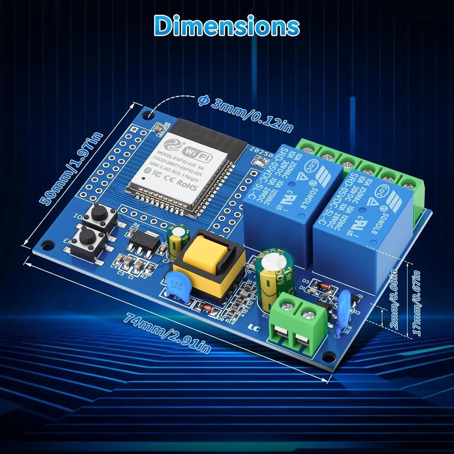 Фото Модуль умного реле AC220V ESP32, 2-канальный, с Wi-Fi и Bluetooth, беспроводной дистанционный выключатель для управления гаражными воротами, приводом ворот, мотором, рольставнями №4