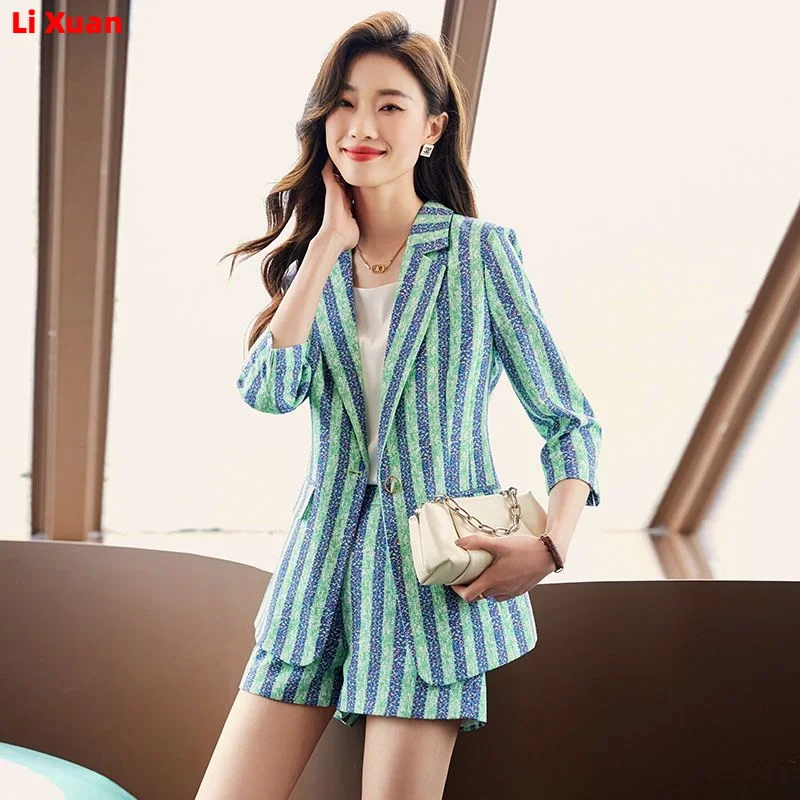 High Quality Korean Spring Suit Single Breasted Slim Print Casual Women Office Blazer Jackets Wide Leg  shorts Set Femme 2 Piece