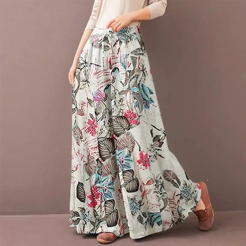 Women Floral Print Wide Leg Pants Summer Fashion Drawstring Bohemia Trousers Ladies Casual Loose Elastic Waist Pantalon