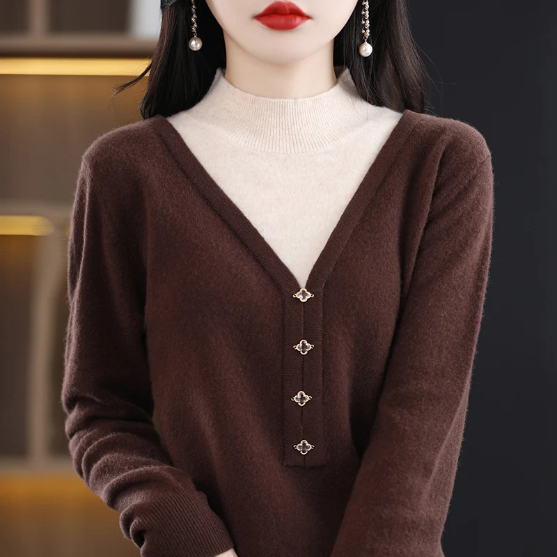 

23Spring and Autumn New Cashmere Sweater Women's Half High Neck Knitted Pullover Fashion Contrast Wool Sweater Top Hot