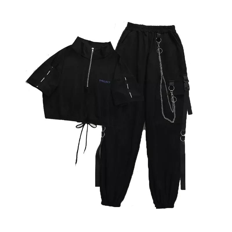 

2023New Cargo Pants Buckle Ribbon Pocket Jogger Elastic Waist High Streetwear Harajuku Pant Chain Females Two Piece Pants