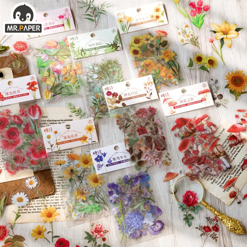 

Mr. Paper 40pcs/bag Fresh Flower PET Sticker Bag Natural Plant Hand Account Decorative Material Stickers Stationery Stickers