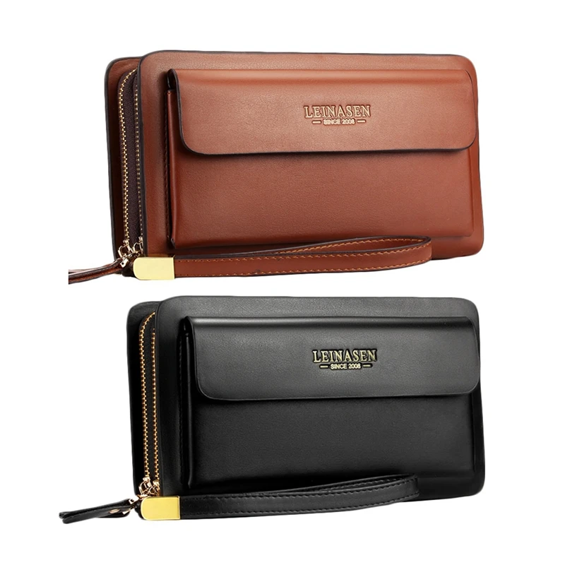 

2X Leinasen Brand Men Wallets With Coin Pocket Zipper Double Zipper Male Wallet Long Large (Brown&Black)