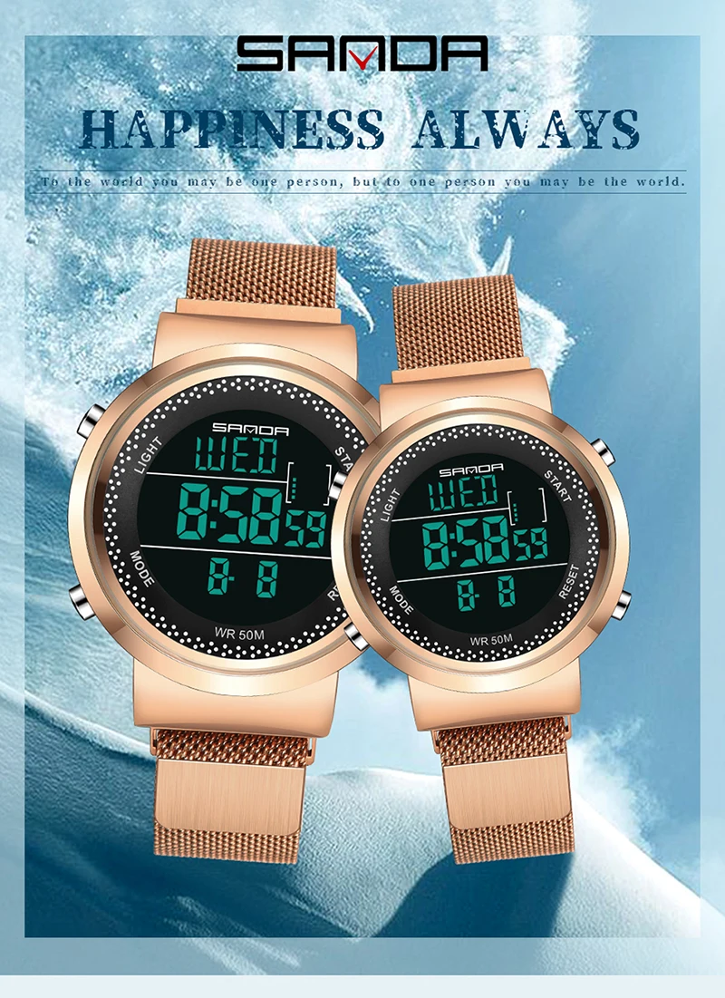 SANDA Charming Multifunctional Digital Watch Steel Mesh Strap Magnet Clasp Electronic Clock Outdoors Business Couple Watch 383