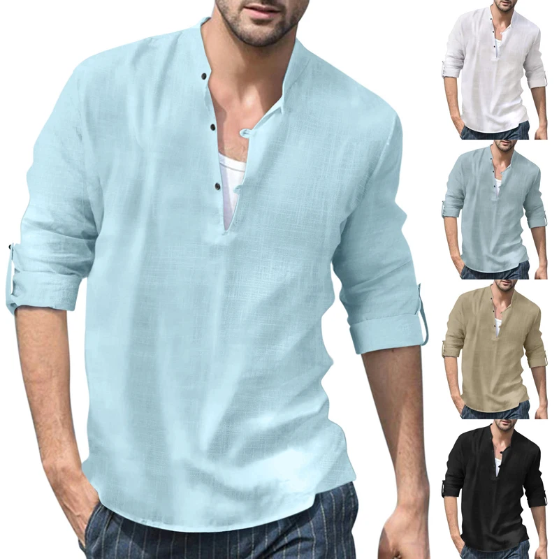

2023 New Men's Casual Cotton Linen Shirts Spring and Autumn Fashion Long Sleeve Standing Collar Male Top Handsome Chemise Homme