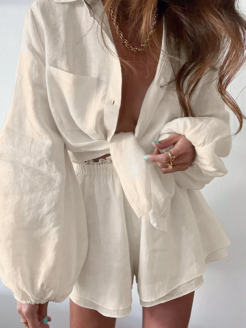 2023 Women Spring Summer Bohemian Shorts Sets Solid White Loose Fit Outfits Blouse flounce Suit 2 Two Piece Set For Women