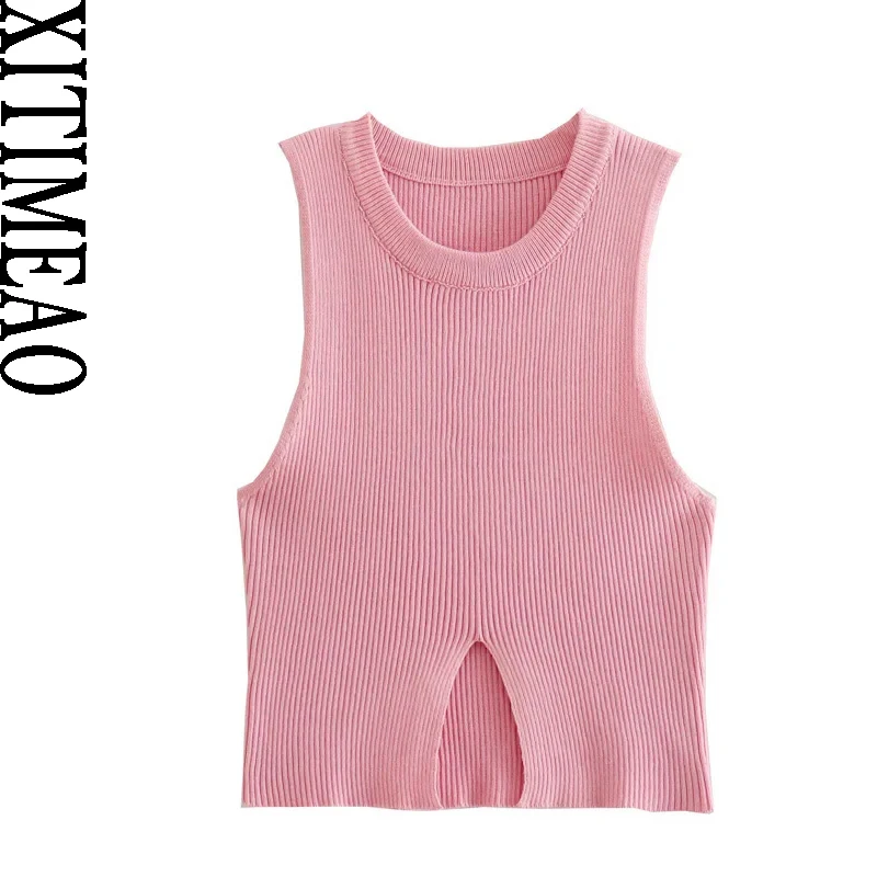 

Женская Трикотажная майка с разрезом спереди и круглым вырезом