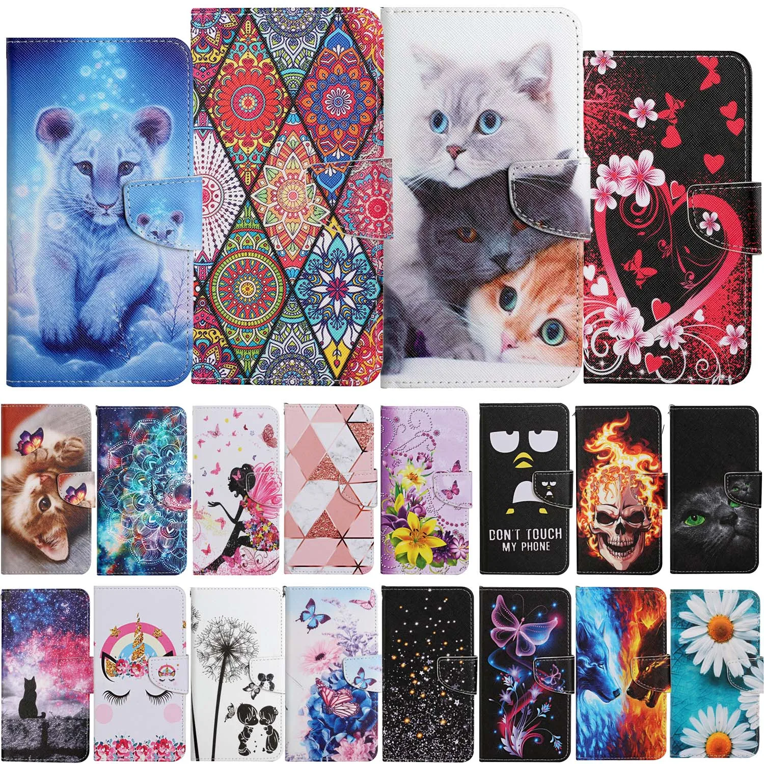 

Cute Flower Cat Painted Case For Huawei Honor 7S 8S 8A 9A Honor 20 10 10X 9X Lite P Smart 2021 Leather Flip Wallet Phone Cover