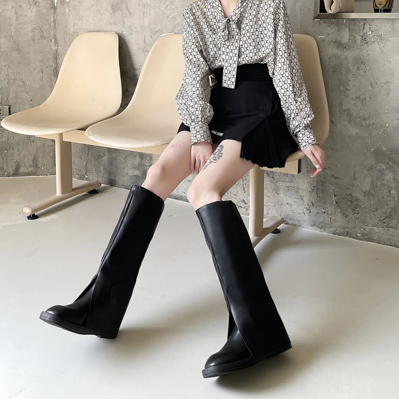 

2023 Fashion Brand Cool Knee High Great Quality Comfy Walking Vintage Black Slip on Women's Shoes Cover Trouser Boots for Women
