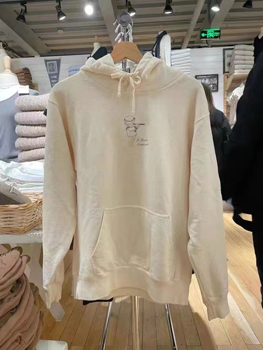 Толстовка с капюшоном мультяшным принтом ангела Осенние милые бежевые хлопковые