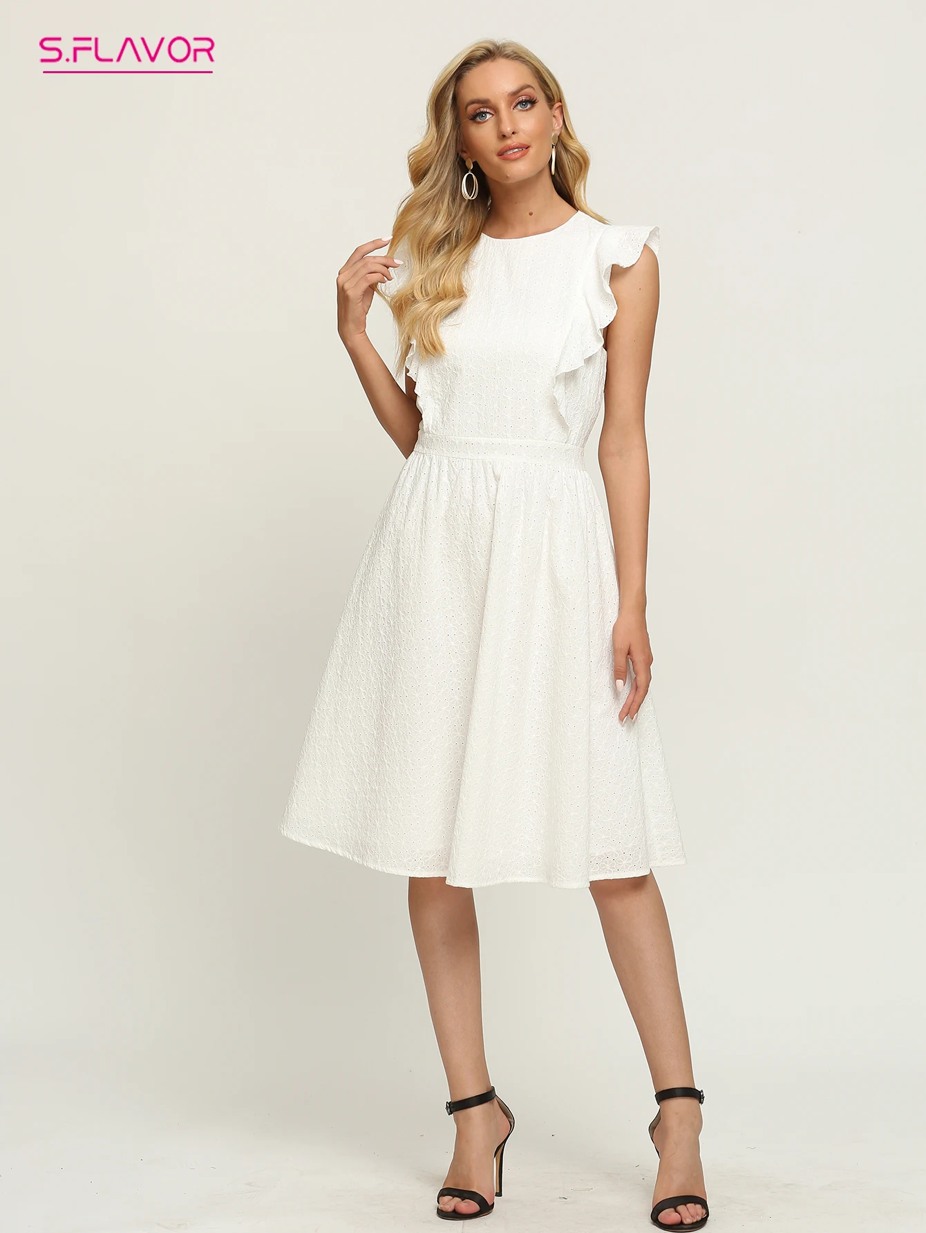 

Женское хлопковое платье S.FLAVOR, белое Открытое платье трапециевидной формы без рукавов с оборками, пляжный стиль, Женский Повседневный Сара...