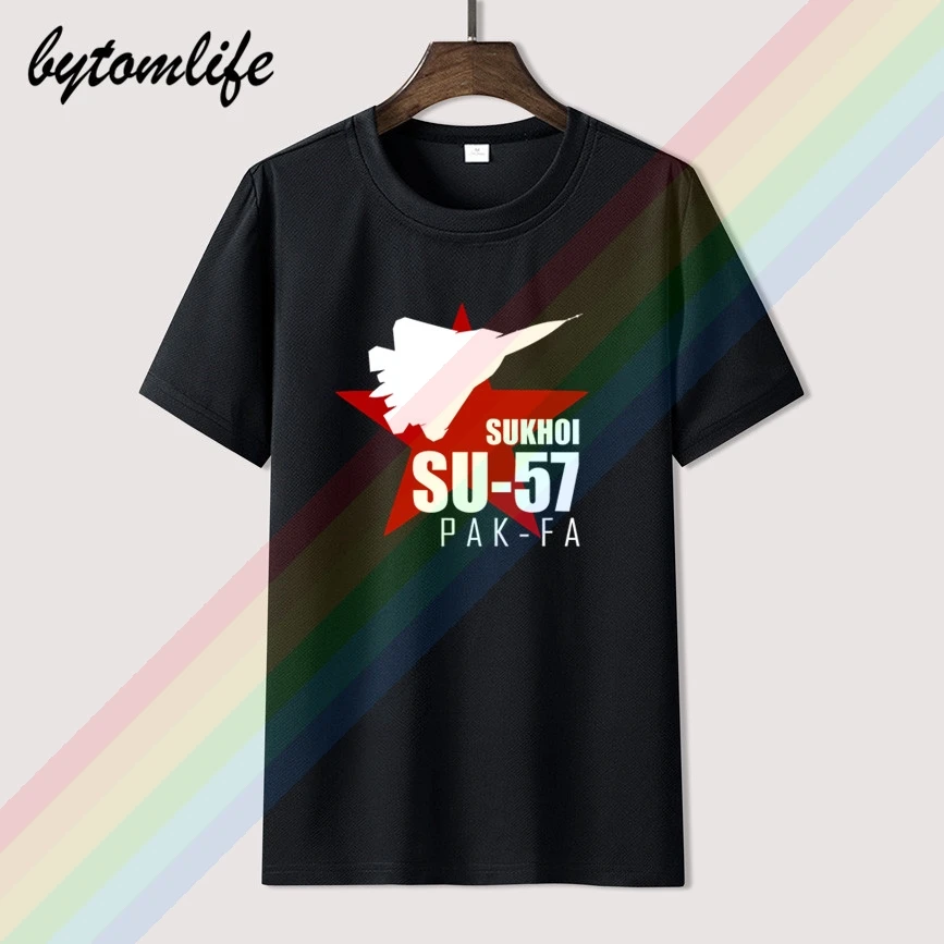 

men's Aviation T shirt Russian jet fighter Sukhoi SU 57 technical drawing BLACK