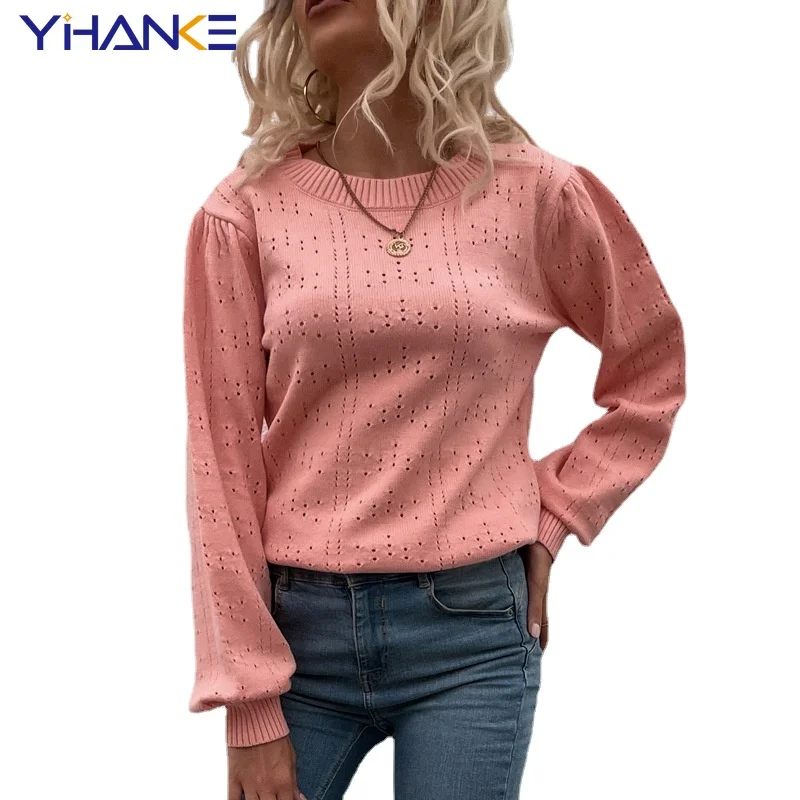 

Women's Bottoming Trending Sweater New Knitwear Autumn and Winter Solid Color Lantern Sleeve Hollow Pullover Ladies Sweater