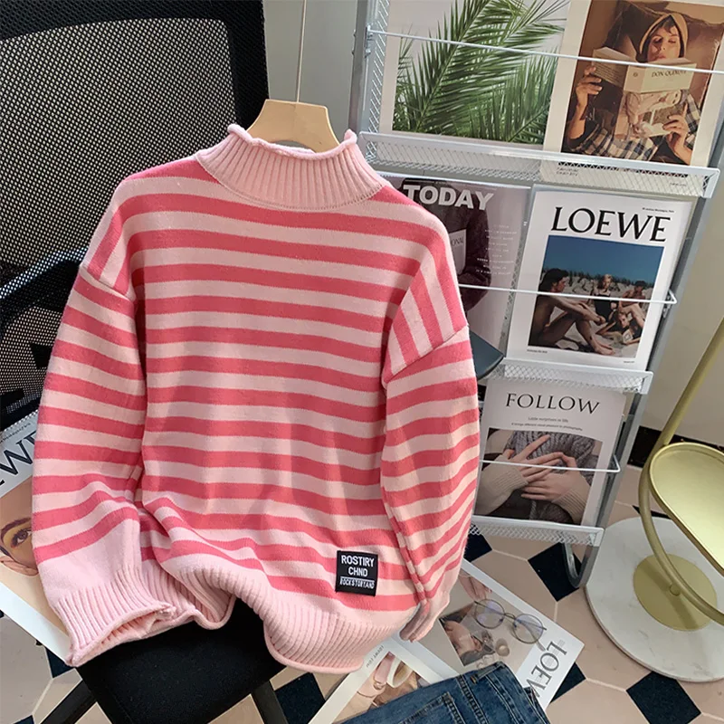 

Женский свитер с ложным воротником, теплый вязаный джемпер в полоску, Зимний пуловер, 2022