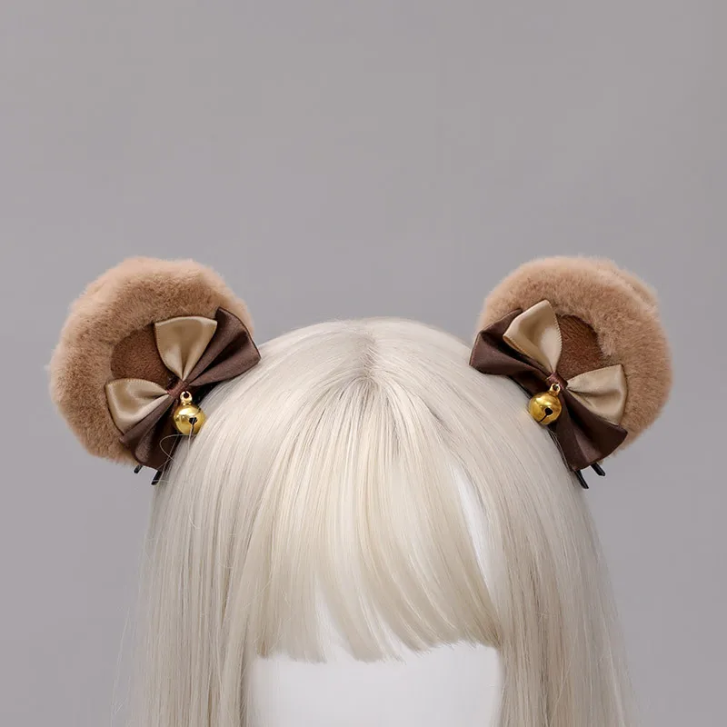 

Round Bear Ears Hair Clips Faux Fur Sweet Double Bowknot Bell Plush Animal Hairpins Anime Lolita Kawaii Cosplay Barrette Decor