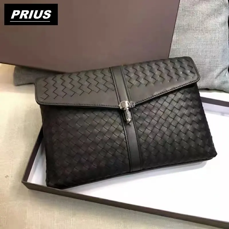 New luxury men's anti-theft flap buckle clutch leather hand woven business clutch envelope bag woven handbag