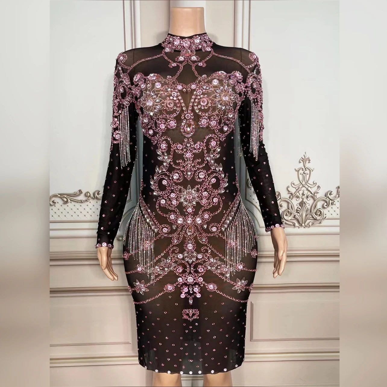 

Вечерние платья для вечеринки, банкета, костюм королевы, женское цельное розовое платье, черное стрейчевое платье, одежда для сцены певицы VDB6271