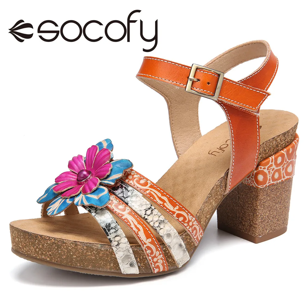 

SOCOFY Retro 2022 New Handmade Leather Women Sandals Cutout Ankle Strap Shoes Beaded Floral Stitching Mid Heel Wedge Sandals