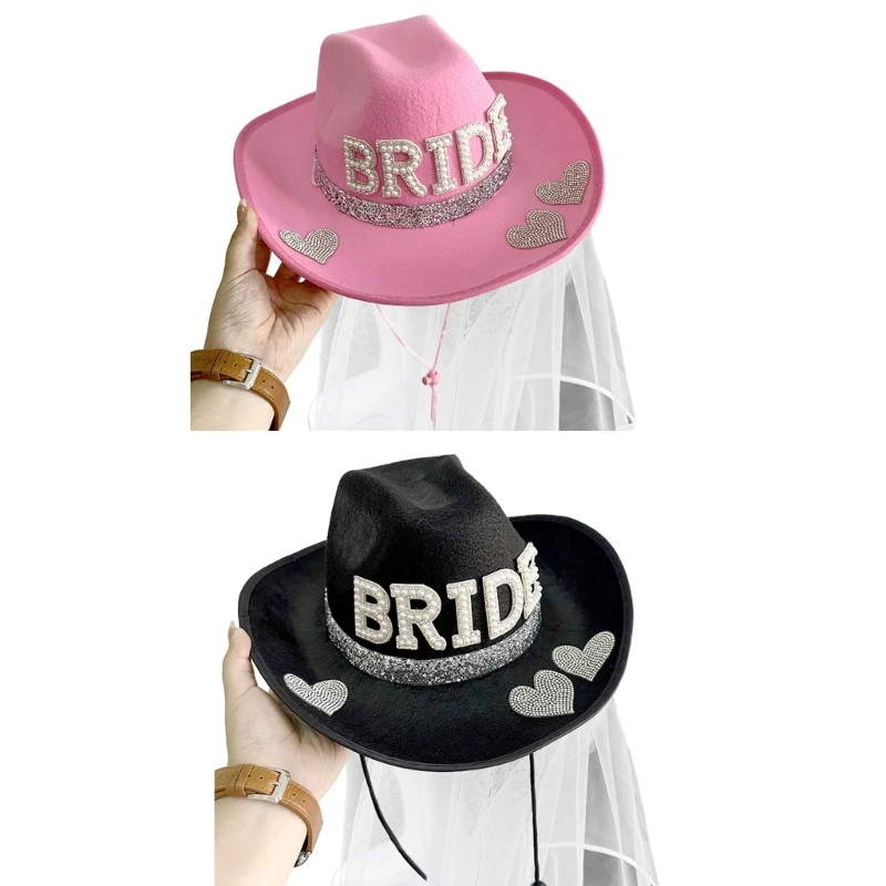 

Cowgirl Hat with Veil for Bridal Party Wide Brimmed Women Bridesmaids Headwear