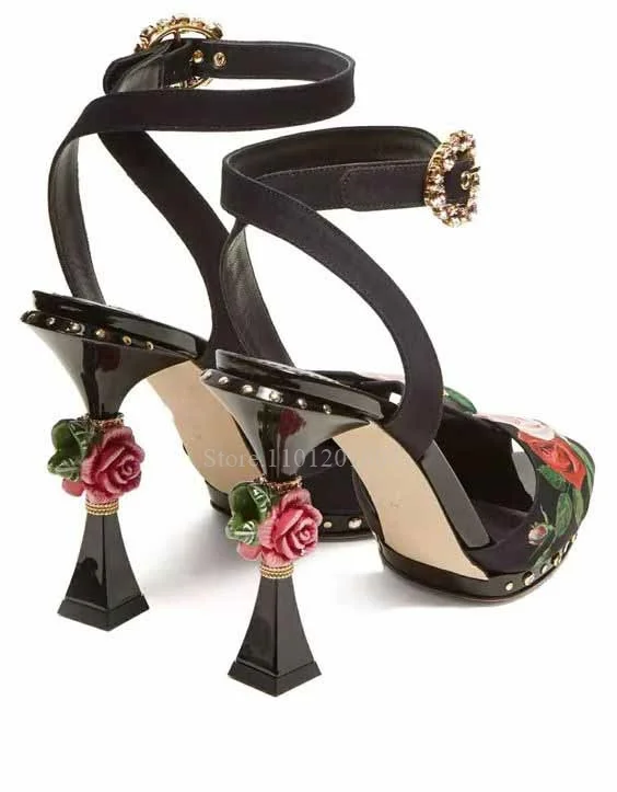 

Женские босоножки с граффити на каблуке, брендовые дизайнерские сандалии с круглым носком, застежкой и ремешком на пятке, с 3d-рисунком розы, летняя обувь с прорезями