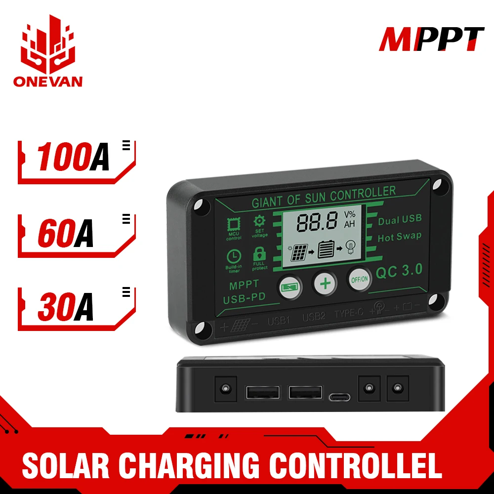 

ONEVAN 30A/60A/100A Solar Charge MPPT 12V/24V/50V Charge Controller With Dual USB With Auto Display Solar Panel Regulator